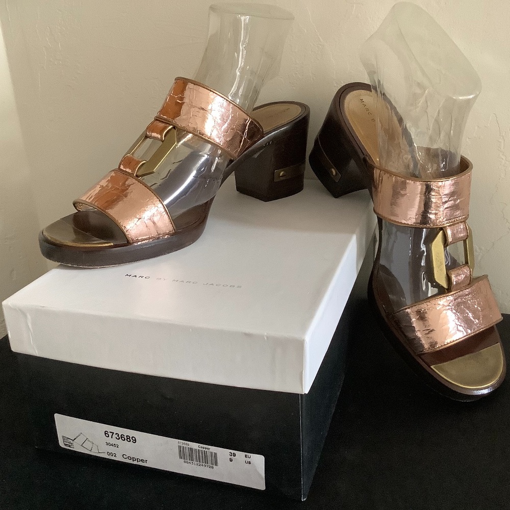 Marc By Marc Jacobs Sz 39(9) Princess Metallic Copper Leather Chunky Heal Slide